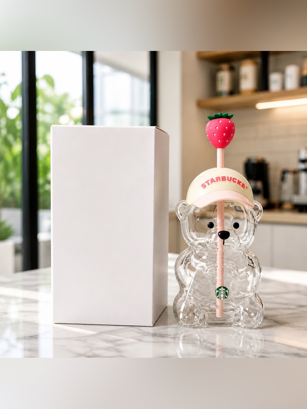 Starbucks Bearista Bear Glass Bottle Pink Strawberry Straw New